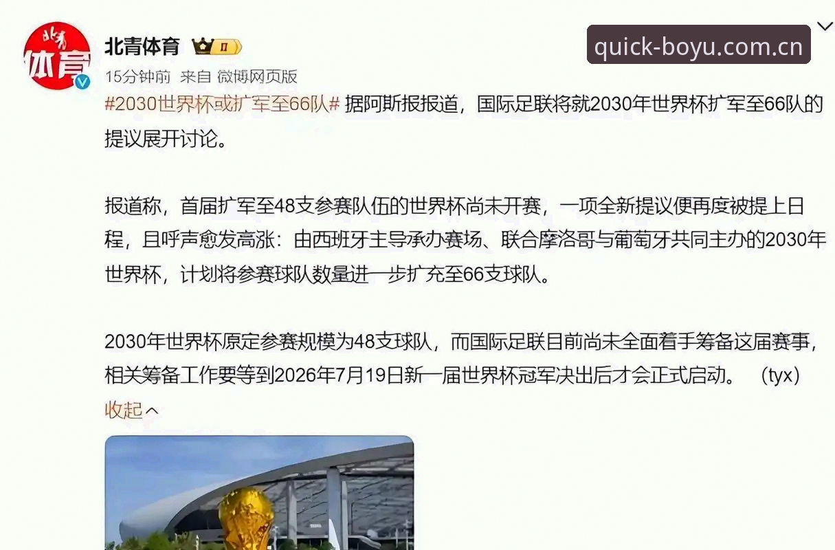 博鱼体育苹果下载 2030年世界杯扩军至66队最新动态:中国男足迎来历史机遇,博鱼综合体育用户热议赛事变革